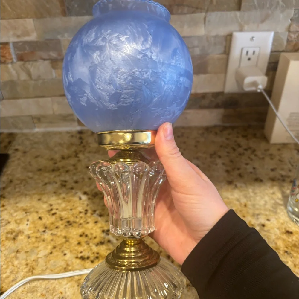 Blue Glass Globe Table Lamp Fluted Clear Base Gold Accents Glass Metal - Picture 2 of 3